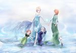  anna_(frozen) blonde_hair blue_eyes braid brown_hair dress dual_persona elsa_(frozen) frozen_(disney) green_eyes highres ice ice_skates ice_skating long_hair magic multiple_girls pin.s siblings single_braid sisters skates skating snowflakes time_paradox twin_braids 