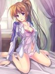  arm_support barefoot bra breasts cleavage collarbone curtains highres indoors looking_at_viewer lyrical_nanoha mahou_shoujo_lyrical_nanoha medium_breasts military military_uniform navel open_clothes open_mouth open_shirt panties partially_undressed ponytail purple_eyes red_hair shirt side_ponytail sitting solo takamachi_nanoha toes tsab_air_military_uniform underwear uniform wariza window youxuemingdie 