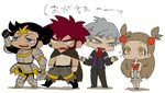  1girl 3boys armor black_eyes black_hair bow brown_eyes brown_hair chibi dress elite_four gampi_(pokemon) gloves gym_leader hair_ornament mikan_(pokemon) multiple_boys pokemon pokemon_(game) red_hair short_hair silver_hair tougan_(pokemon) tsuwabuki_daigo twintails 