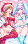  2girls absurdres aqua_eyes aqua_legwear bell blush breasts brown_eyes brown_hair christmas cleavage elbow_gloves gloves hat heart highres looking_at_viewer medium_breasts multiple_girls navel open_mouth original panties purple_hair red_legwear santa_costume santa_hat short_hair smile tenzeru thighhighs underwear 