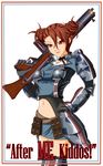  armor border brigitte_stark brown_hair double_bun gloves gun hand_on_hip highres iforher military military_uniform miniskirt navel pauldrons red_eyes senjou_no_valkyria senjou_no_valkyria_1 skirt smile submachine_gun thighhighs uniform weapon 