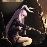 animal_ears assault_rifle bad_id bad_pixiv_id bare_tree blood bunny_ears embers fire folded_leg gradient gradient_background gun heiya howa_type_89 injury kneehighs lavender_hair light_trail long_hair multiple_girls parted_lips pleated_skirt profile red_eyes reisen_udongein_inaba rifle silhouette skirt solo_focus squatting suit_jacket touhou tree trigger_discipline twig weapon 