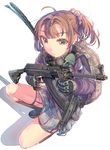  :o assault_rifle blush brown_eyes brown_hair daito gloves gun hair_ornament hairclip looking_at_viewer mole mole_under_eye one_knee open_mouth original rifle school_uniform short_hair skirt skorpion_vz._61 solo submachine_gun trigger_discipline vertical_foregrip vz._58 weapon 