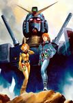  1boy 1girl 70s 80s 90s amuro_ray blue_eyes boots curly_hair gloves gundam helmet highres mecha military military_uniform mobile_suit_gundam official_art oldschool orange_hair pilot_suit promotional_art realistic red_hair rx-78-2 sayla_mass science_fiction shield signature spacesuit star_(sky) traditional_media uniform yasuhiko_yoshikazu 