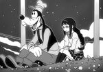  1girl akemi_homura bad_proportions bow braid cloud commentary crossover disney field flower flower_field furry glasses gloves goofy greyscale hair_bow hairband hands_on_own_knees hat long_hair mahou_shoujo_madoka_magica monochrome night night_sky o_den open_mouth school_uniform sitting sky smile socks star_(sky) starry_sky 