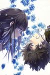  1girl bangs black_hair blue_flower blunt_bangs blush brown_hair chitanda_eru cici entangled eye_contact eyelashes floral_background flower from_side hyouka long_hair looking_at_another oreki_houtarou parted_lips portrait profile purple_eyes short_hair upside-down water_drop white_background 