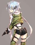  ass blue_eyes blue_hair glock grey_background gun handgun headgear looking_at_viewer looking_back makie_fujiyuki pistol short_hair shorts simple_background sinon solo sword_art_online weapon 