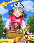  :d ^_^ artist_request bicycle bicycle_helmet bike_jersey bike_shorts bread character_name closed_eyes flower food green_hair ground_vehicle helmet idolmaster idolmaster_(classic) idolmaster_million_live! multiple_girls official_art open_mouth riding shijou_takane smile tokugawa_matsuri tree 