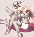  bad_id bad_pixiv_id bismarck_(kantai_collection) blonde_hair blush breasts brown_gloves detached_sleeves gloves grey_legwear gunp hat kantai_collection long_hair looking_at_viewer medium_breasts military military_hat military_uniform open_mouth peaked_cap solo thighhighs uniform 