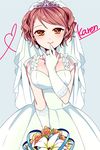  bouquet breasts brown_eyes brown_hair dress earrings elbow_gloves flower gloves hair_up houjou_karen idolmaster idolmaster_cinderella_girls jewelry large_breasts smile solo tiara veil wedding_dress wemu_(ivycrown) white_dress white_gloves 