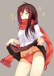  aki663 black_hair fringe_trim grin hair_ornament hairclip kagerou_project logo long_hair panties red_scarf scarf school_uniform skirt skirt_lift smile solo superman_(series) tateyama_ayano underwear 