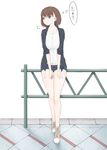  anegasaki_nene boots breast_squeeze breasts brown_hair full_body highres large_breasts legs libre love_plus purple_eyes railing short_hair short_shorts shorts simple_background solo thighs translation_request white_background 