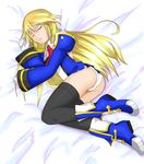  1girl ass bare_shoulders blazblue blonde_hair boots detached_sleeves dress gloves kotuzui_yositune long_hair necktie noel_vermillion panties sleeping thighhighs underwear 