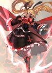  black_dress blazblue blonde_hair boots bow cape cross dress frills full_body highres long_hair rachel_alucard red_bow red_eyes ribbon sketch solo twintails unizama 