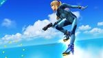  1girl 3d arm_behind_back bangs blonde_hair blue_sky bodysuit boots breasts breasts_apart cloud clouds covered_navel female floating full_body gloves glowing gun handgun high_heel_boots high_heels hips holding holding_gun holding_weapon knees leaning_forward legs long_hair looking_afar looking_back metroid nintendo ocean outdoors photoshop ponytail rocket_boots samus_aran screen_cap screencap scrunchie sidelocks skin_tight sky solo spread_legs suist super_smash_bros. watermark weapon wide_hips wii_u zero_suit 