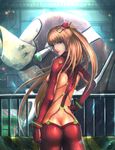  ass bad_id bad_pixiv_id banned_artist blonde_hair blue_eyes bodysuit breasts butt_crack hair_ornament highres long_hair looking_at_viewer looking_back mecha medium_breasts multicolored multicolored_bodysuit multicolored_clothes neon_genesis_evangelion orange_bodysuit plugsuit railing rebuild_of_evangelion red_bodysuit shikinami_asuka_langley sideboob solo souryuu_asuka_langley test_plugsuit very_long_hair yazuwo 