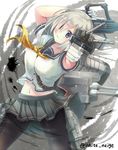  black_legwear blue_eyes blush breasts cannon gloves gun hair_ornament hair_over_one_eye hairclip hamakaze_(kantai_collection) kantai_collection large_breasts lips pantyhose school_uniform serafuku serino_itsuki short_hair silver_hair skirt smile solo turret twitter_username weapon white_gloves 