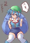  backpack bag bespectacled blue_eyes blue_hair blush boots character_name glasses hair_ornament hat highres kawashiro_nitori key no_pants school_swimsuit simple_background solo spirytus_tarou swimsuit swimsuit_under_clothes thighhighs touhou translated two_side_up white_legwear 