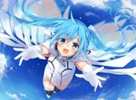  :d bad_id bad_pixiv_id blue_eyes blue_hair blush breasts cloud collar day flying gloves long_hair looking_at_viewer medium_breasts mishima_kurone nymph_(sora_no_otoshimono) open_mouth outstretched_arms sky smile solo sora_no_otoshimono thighhighs twintails wings 