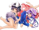  animal_ears arm_rest barefoot black_hair bunny_ears bunny_tail carrot_necklace dress extra_ears fang hidamari_(mizuiro_yume_koubou) highres inaba_tewi jewelry lavender_hair long_hair long_sleeves looking_at_viewer lying lying_on_person multiple_girls necktie on_side parted_lips pendant pink_dress pleated_skirt red_eyes red_neckwear reisen_udongein_inaba short_hair short_sleeves simple_background skirt suit_jacket tail touhou white_background 
