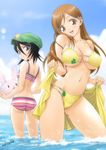  ass bikini black_hair bleach breasts cleavage hat head_tilt inoue_orihime kedo_mitsuharu kuchiki_rukia large_breasts long_hair looking_back multiple_girls ocean open_mouth orange_hair signature striped striped_bikini swimsuit underboob wading water 