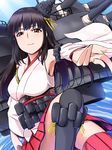  :3 armpits black_hair breasts brown_eyes cosplay fusou_(kantai_collection) fusou_(kantai_collection)_(cosplay) hair_ornament haruichi highres idolmaster idolmaster_cinderella_girls japanese_clothes kantai_collection kurokawa_chiaki large_breasts long_hair looking_at_viewer machinery nontraditional_miko parody solo thighhighs turret 