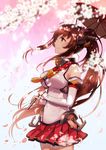  breasts brown_eyes brown_hair cherry_blossoms detached_sleeves flower hair_flower hair_ornament kantai_collection large_breasts long_hair oriental_umbrella ponytail smile solo umbrella very_long_hair yamato_(kantai_collection) yuzuki_kihiro 