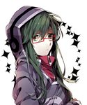  bangs bespectacled closed_mouth clothes_writing eyebrows_visible_through_hair eyelashes flat_chest frown glasses green_eyes green_hair hood hood_up hoodie kagerou_project kido_tsubomi long_hair long_sleeves looking_at_viewer red-framed_eyewear solo upper_body white_background wonoco0916 zipper 
