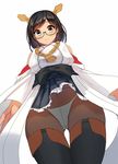  black_hair blue_eyes boots brown_legwear crotch_seam deneb_(noble324) from_below glasses headgear highres kantai_collection kirishima_(kantai_collection) looking_at_viewer looking_down panties panties_under_pantyhose pantyhose parted_lips semi-rimless_eyewear short_hair simple_background skirt solo thigh_boots thighhighs under-rim_eyewear underwear white_background white_panties 