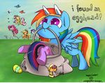  applejack_(mlp) cutie_mark dialog easter english_text equine fluttershy_(mlp) friendship_is_magic hair holidays horse mammal multi-colored_hair my_little_pony outside pegasus pinkie_pie_(mlp) pony purple_hair rainbow_dash_(mlp) rainbow_hair rarity_(mlp) smile text twilight_sparkle_(mlp) wings 