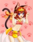 animal_ears bow cat_ears cat_tail highres looking_at_viewer minaha_(playjoe2005) navel open_mouth paw_pose paw_print purple_eyes sakahime_(shikihime_zoushi) shikihime_zoushi short_hair smile solo tail tail_bow 
