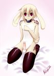  :&lt; bed collar cute erection fur girly gradient_background kneeling lagomorph legwear looking_at_viewer male mammal nataly-b penis pink_eyes rabbit stockings yellow_fur yoshino_iko 