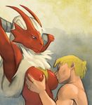  big_dom_small_sub blaziken blonde_hair breast_suck breasts duo female grab hair hattonslayden human human_on_anthro interspecies male mammal neck_ruff nintendo nipples nude pok&#233;mon pok&#233;philia pok&eacute;mon size_difference straight video_games 