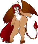 beak breasts chest_tuft cute erect_nipples female fur green_eyes gryphon hair long_hair mythological nipples plain_background red_hair small_breasts solo tehbuttercookie tuft white_background wide_hips wings 