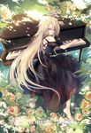  barefoot black_dress blonde_hair blue_eyes braid dress flower highres ia_(vocaloid) instrument long_hair looking_back petals piano rudrawong very_long_hair vocaloid 