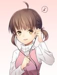  absurdres ahoge blush brown_eyes brown_hair child doujima_nanako earbuds earphones hair_ribbon highres musical_note open_mouth persona persona_4 ribbon short_hair smile solo turtleneck twintails zero-go 