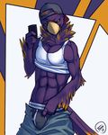  abs anthro avian beak biceps bird boxers bulge clothing feathers feralise front hat looking_at_viewer male muscles naked_torso orange_body pants pants_down peable pecs phone pose purple_body selfie shirt shirt_lift solo standing tank_top tight_clothing toned underwear yellow_eyes young 