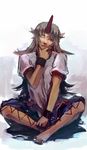  barefoot blonde_hair faux_traditional_media full_body hand_on_own_chin highres horn hoshiguma_yuugi ibitsu indian_style long_hair one_eye_closed pointy_ears shirt short_sleeves sitting solo t-shirt touhou 
