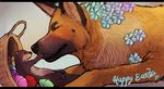  blush canine cute dog easter egg english_text eyes_closed feral flower german_shepherd happy holidays male mammal mustelid nicolas0113 nude otter size_difference smile text whiskers 