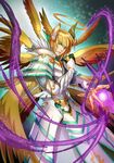  aqua_eyes archangel_lucifer blonde_hair green_eyes halo highres imari looking_at_viewer male_focus puzzle_&amp;_dragons solo sword weapon wings 