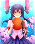  animal_hand bandages basketball black_hair brown_eyes flower hanamonogatari kanbaru_suruga kuromaru_(goth13th) long_hair monogatari_(series) out_of_frame school_uniform solo_focus twintails 