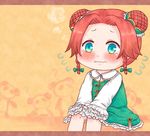  ? adapted_costume alternate_hairstyle aqua_eyes blush braid closed_mouth commentary_request double_bun dress eyebrows faux_traditional_media frilled_sleeves frills hair_ribbon hands_on_own_knees hong_meiling long_sleeves looking_afar multicolored multicolored_eyes panda patterned_background red_hair ribbon short_hair shuiro shy sitting skirt skirt_set sleeves_past_wrists solo touhou tress_ribbon twin_braids wavy_mouth younger 
