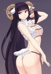  1girl absurdly_long_hair adjusting_hair animal_ears ass bra breasts center_opening ear_tag eyebrows_visible_through_hair highres hime_cut horns iwbitu-sa large_breasts light_smile long_hair looking_back original panties parted_lips purple_eyes sheep_ears sheep_girl sheep_horns sheep_tail solo straight_hair tail thong underwear very_long_hair white_bra white_panties wool 