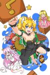  1boy 3girls ?_block armpits bare_shoulders black_dress blonde_hair blue_eyes blush boo bowsette bracelet breasts cleavage collar crazypen dress elbow_gloves eyebrows_visible_through_hair facial_hair fangs from_above ghost_girl ghost_tail gloves hat high_heels horns jewelry large_breasts legs long_dress long_hair mario mario_(series) multiple_girls mustache new_super_mario_bros._u_deluxe nintendo one_arm_up open_mouth pink_dress pink_hair ponytail princess_king_boo princess_peach red_eyes smile spiked_armlet spiked_bracelet spiked_collar spiked_shell spiked_tail spikes strapless super_crown tongue white_dress white_gloves 