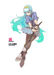  battoujutsu_stance blue_eyes blue_hair character_name fighting_stance hairband hand_on_hilt highres jacket katana long_hair official_art pantyhose pleated_skirt ready_to_draw sheath sheathed shimo_(yatagarasu) skirt sleeves_rolled_up solo sword tabi tomoyuki_kotani track_jacket weapon white_background wristband yatagarasu_(game) 