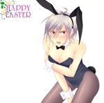  animal_ears babysmile7_(artist) bare_shoulders black_legwear blush bow bowtie breasts bunny_ears bunny_girl bunnysuit cleavage easter forced_dressing homura_(sekirei) large_breasts open_mouth pantyhose red_eyes sekirei short_hair silver_hair solo tricked wrist_cuffs 