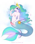  anthro anthrofied blush breasts cutie_mark dickgirl equine friendship_is_magic fur hair horse intersex looking_at_viewer mammal mermaid multi-colored_hair my_little_pony nipples onnanoko penis plain_background pony princess_celestia_(mlp) purple_eyes smile solo white_background white_fur 