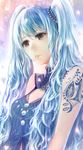  blue_hair green_eyes hatsune_miku highres long_hair sakimori_(hououbds) solo tattoo tears twintails vocaloid 