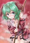  animal_ears ariesu_watanabe bamboo_broom blush breasts broom cleavage dirty dress green_eyes green_hair kasodani_kyouko looking_at_viewer no_panties open_mouth short_hair small_breasts solo tears torn_clothes touhou 