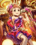  artist_request bracelet brown_eyes brown_hair curly_hair earrings eyebrows flower hair_flower hair_ornament idolmaster idolmaster_cinderella_girls jewelry microphone microphone_stand nail_polish official_art oonishi_yuriko solo thighhighs vintage_microphone 